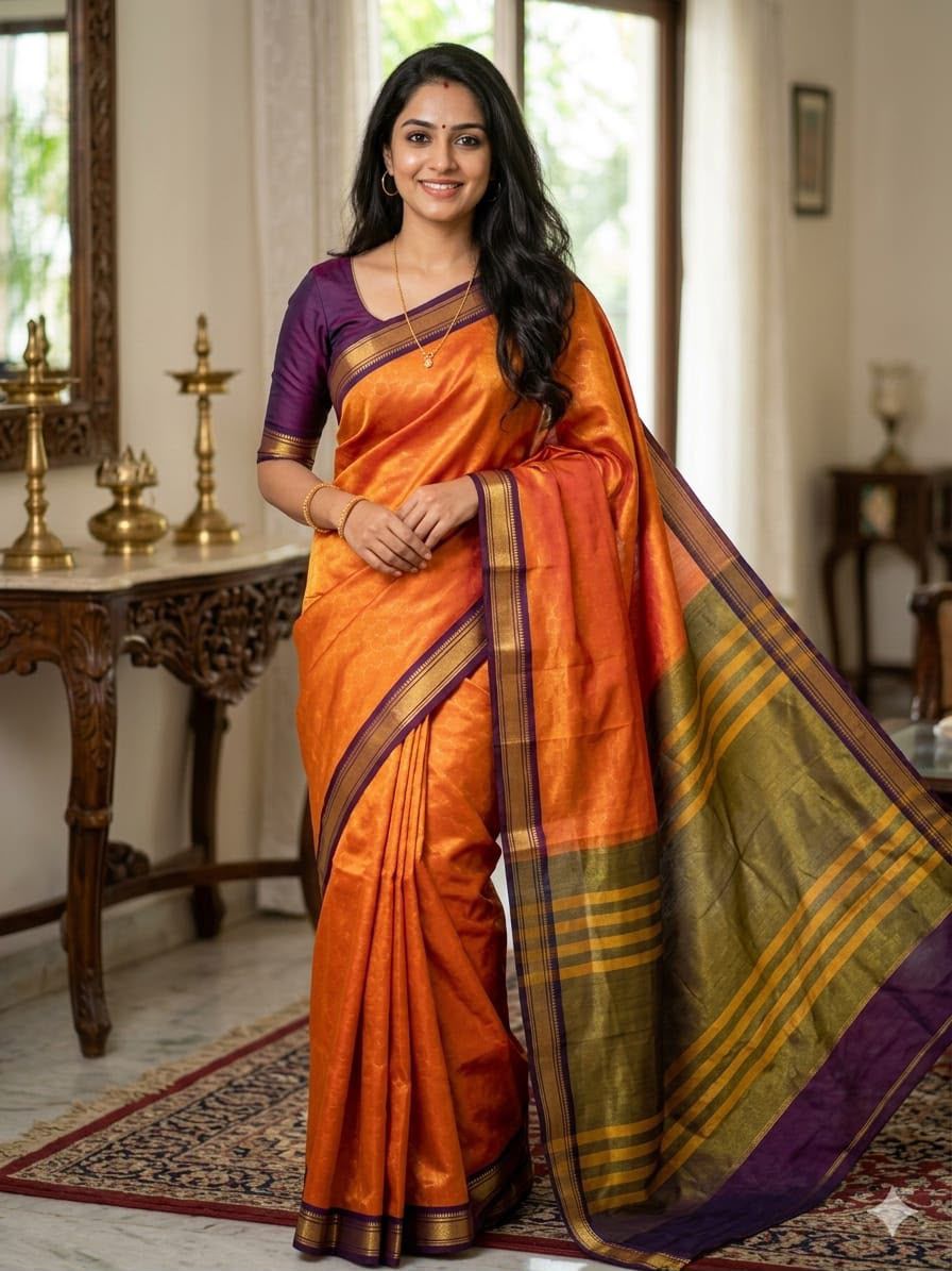 Cream Gold Silk Blend Saree with Blue Mustard Striped Pallu